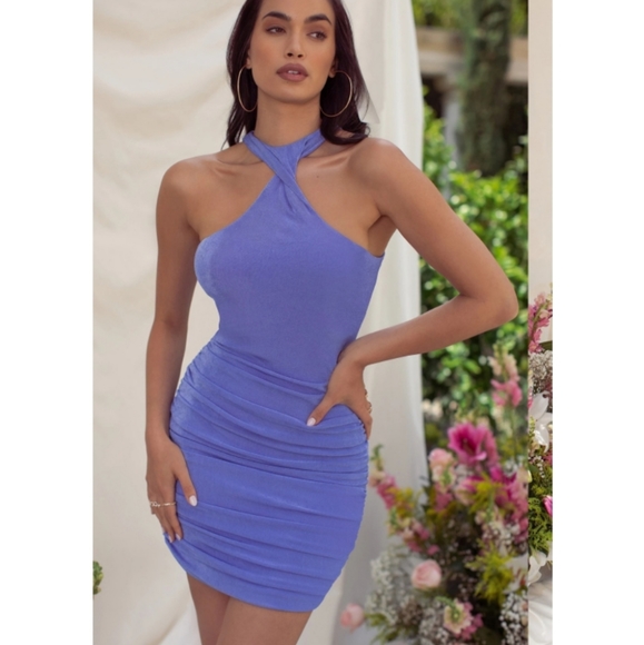 NWT GORGEOUS Blue RUCHED Twist Front Mini Dress - Picture 4 of 14